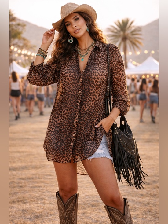 H&M Tops - H&M Cheetah Print Sheer Tunic Style Button up Top Long Sleeves Brown and Black